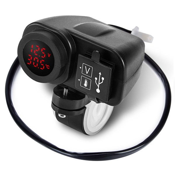 Moto USB socket x 2, digital voltmeter and thermometer, red led, black color